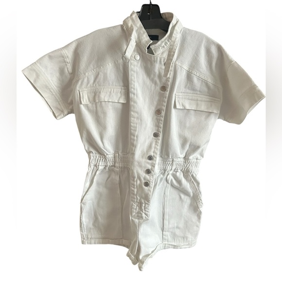 Forever 21 White Denim Utility Romper Short Sleeve Button Front Size Medium - Picture 1 of 5